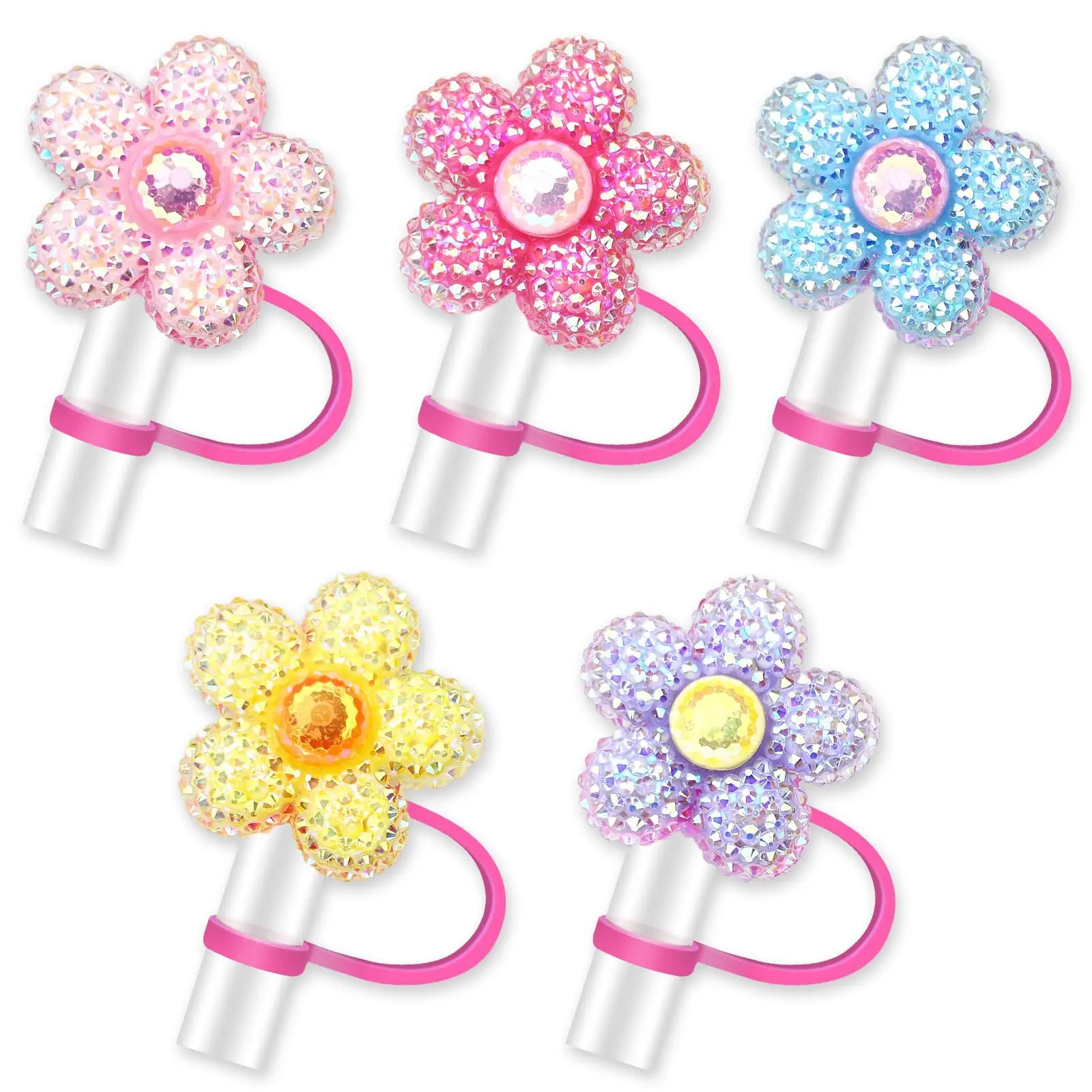 5pcs Bling Straw Toppers, Glittering Cup Accessories, Reusable 10mm/0.4 Inch Silicone Straw Tips Cover For Thermos Summer Party