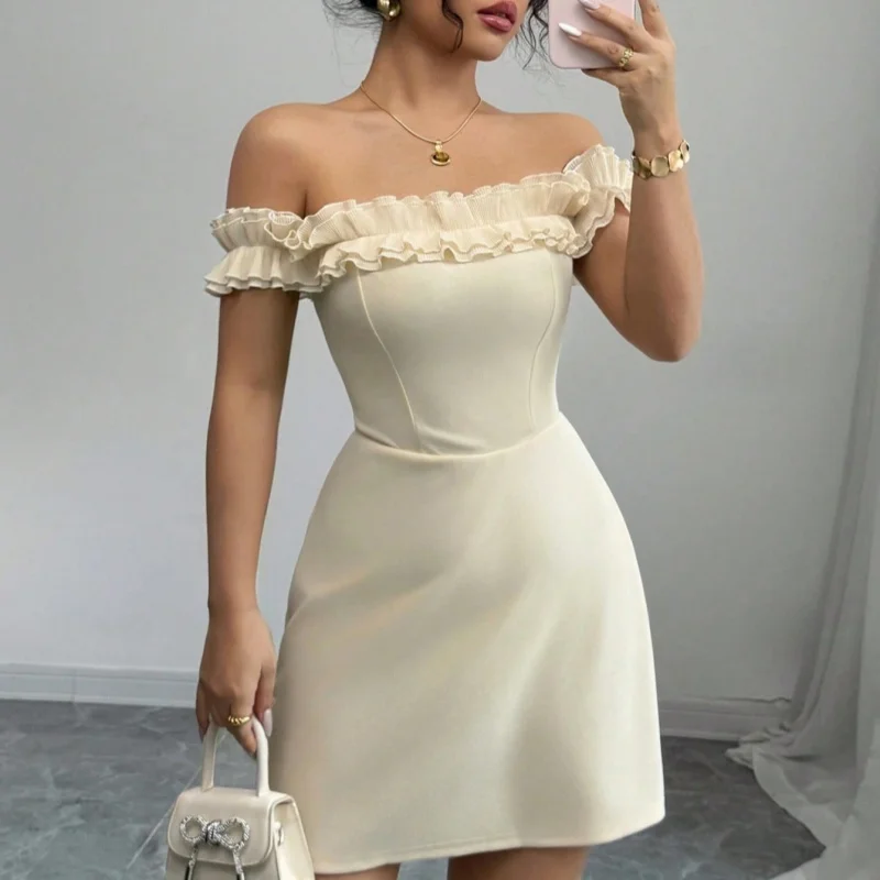 

Кремовое мини-платье с открытыми плечами и рюшами, женское, А-силуэт, атласное, элегантное, для вечеринок, коктейлей, свадеб, вечерних мероприятий, клубное, шикарное платье