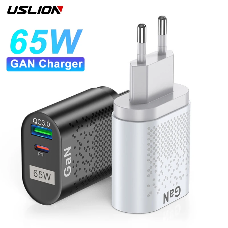 USLION 65W GaN PD USB Type C Charger Quick Charge QC 4.0 QC 3.0 Portable USB-C Charger Fast Charging For iphone 15 Macbook Ipad