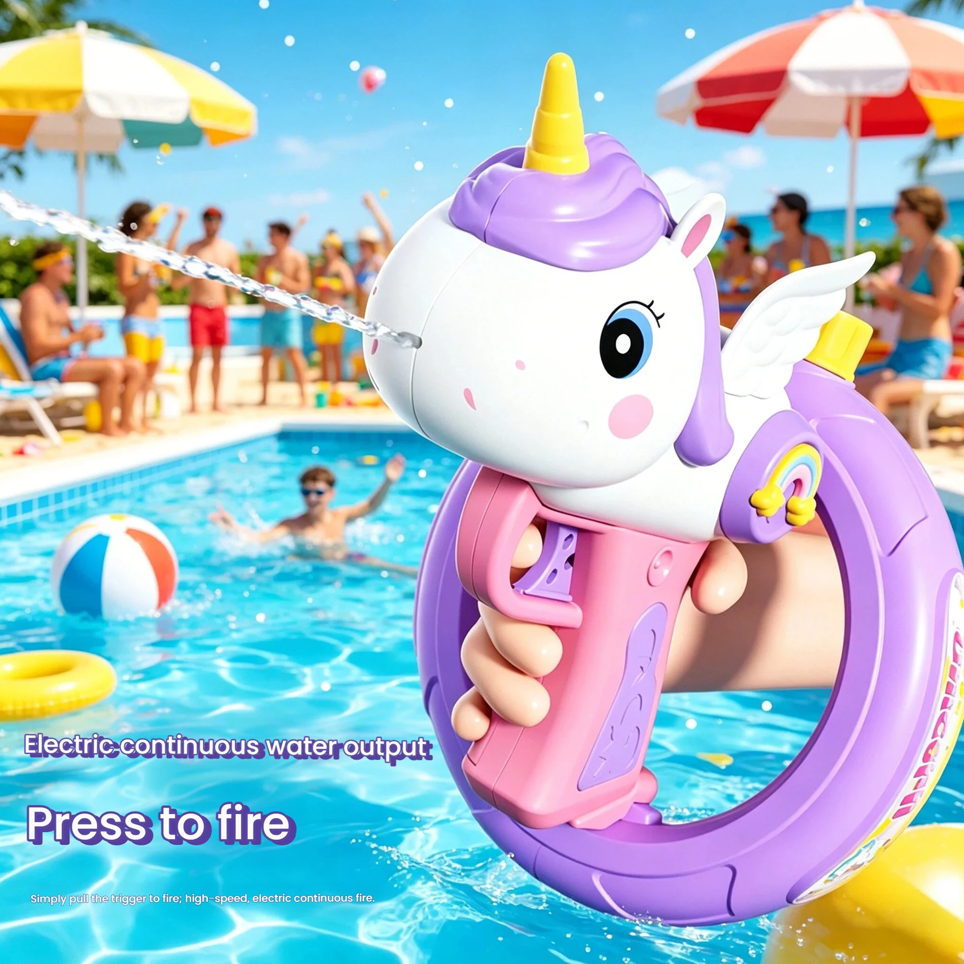 Unicorn Electric Water Gun - Swimming Ring Design High-Speed Continuous Firing Large Capacity Summer Beach Pool Water Battle Toy