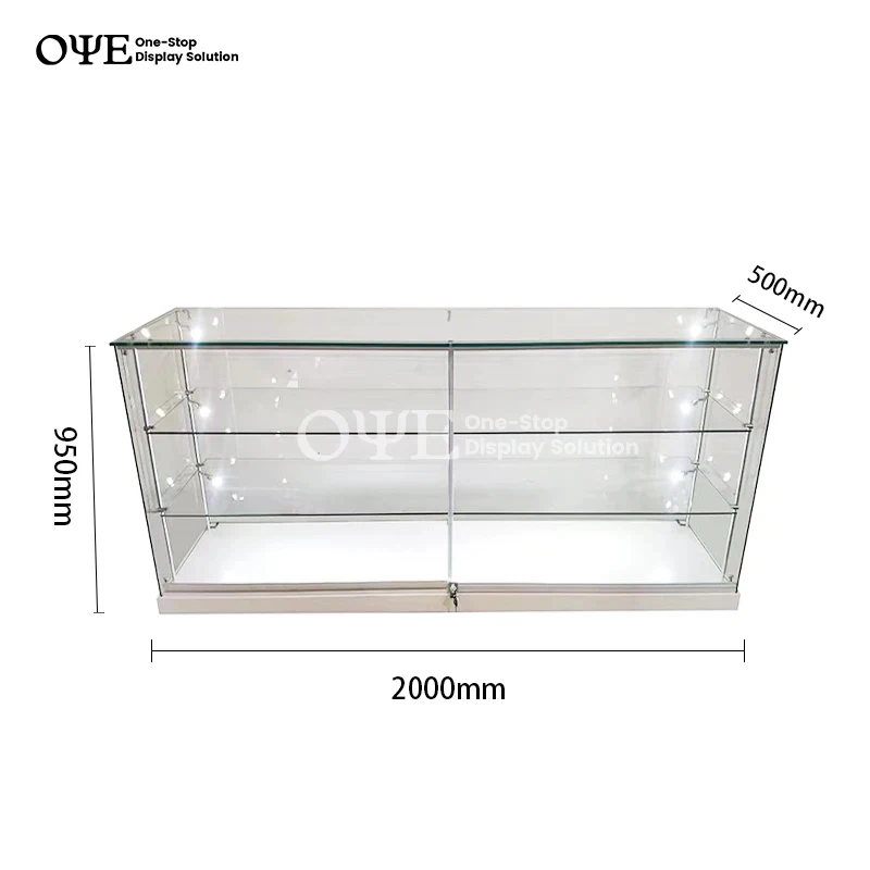custom.White Retail Glass Display Cabinet Chain  with 2 Adjustable Glass Shelves on Poles