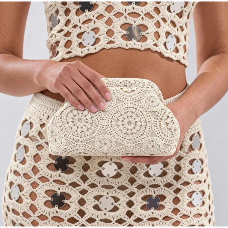 Clutch-Tasche mit floraler Spitze und Häkelverschluss, elegante Abendtasche für Damen für Hochzeit, Bankett und Party, schicke Kosmetiktasche. – Detail 8