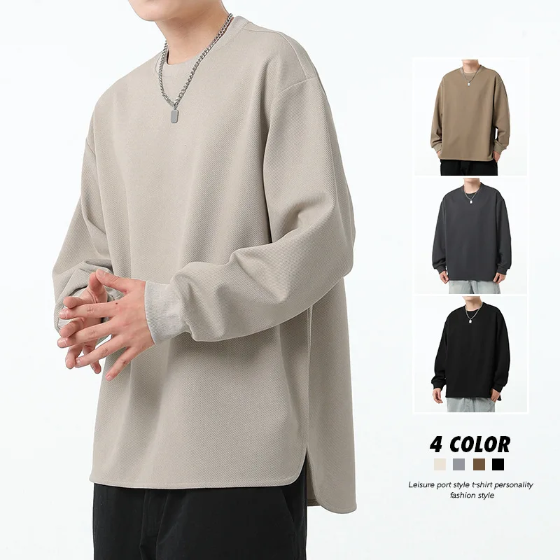 2024 Spring New College Style Loose Sweatshirt with O-Neck for Men, Korean Fashion Solid Color Casual Long Sleeve Tops