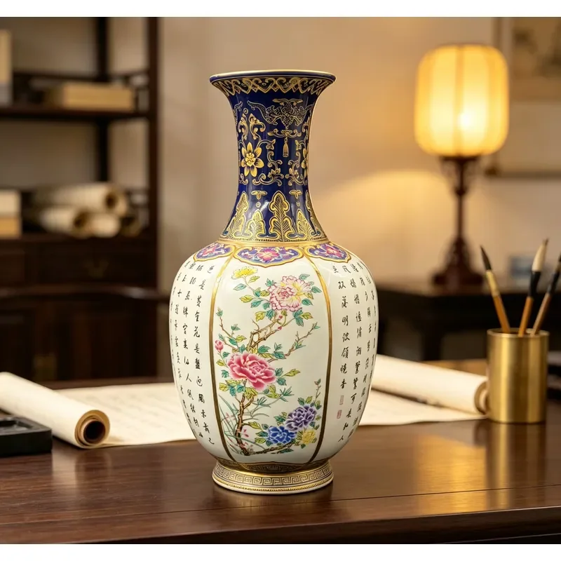 Chinoiserie Porcelain Vase with Calligraphy & Flower Painting Oriental Decorative Porcelain Urn Blue Gilded Chinese Ceramic