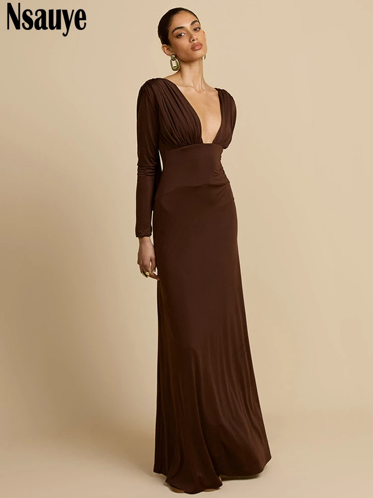 Nsauye 2025 ropa de otoño trajes nueva moda elegante mujer manga larga corte bajo Sexy Night Club Maxi vestidos de fiesta de noche