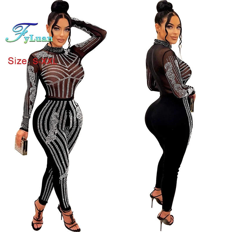 2025 繊細な女性ジャンプスーツタイトフィット長袖メッシュ透視パンツセット O ネックホットラインストーンクラブカジュアルオーバーオール