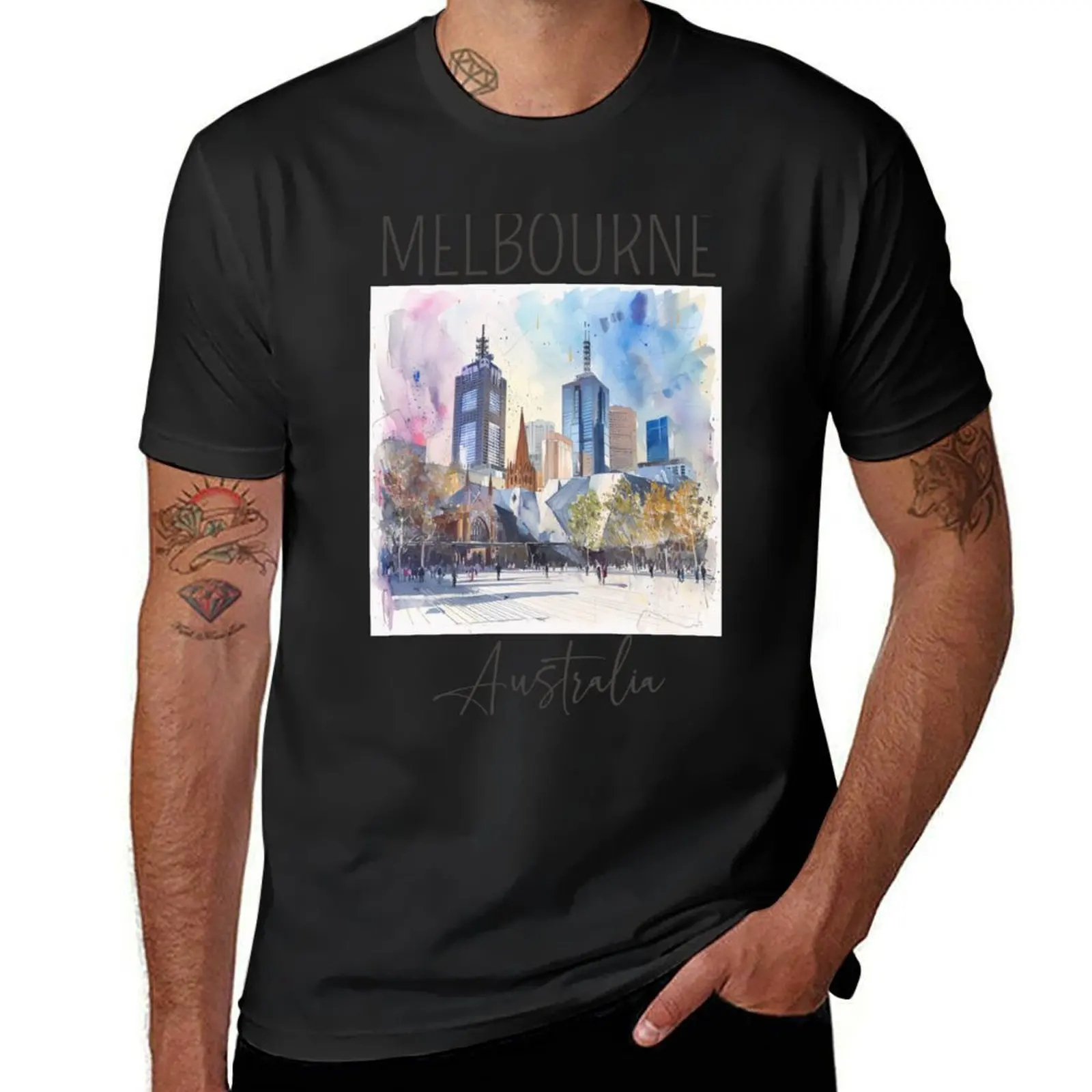 Watercolor Design of Melbourne - Australia T-Shirt summer tops customizeds plain white t shirts men