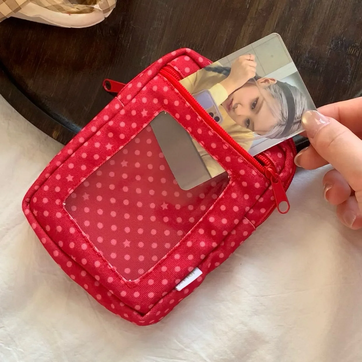Red Polka Dot Photo Storage Display Bag Portable Lipstick Earphone Organizer Pouch with Photocard Slot