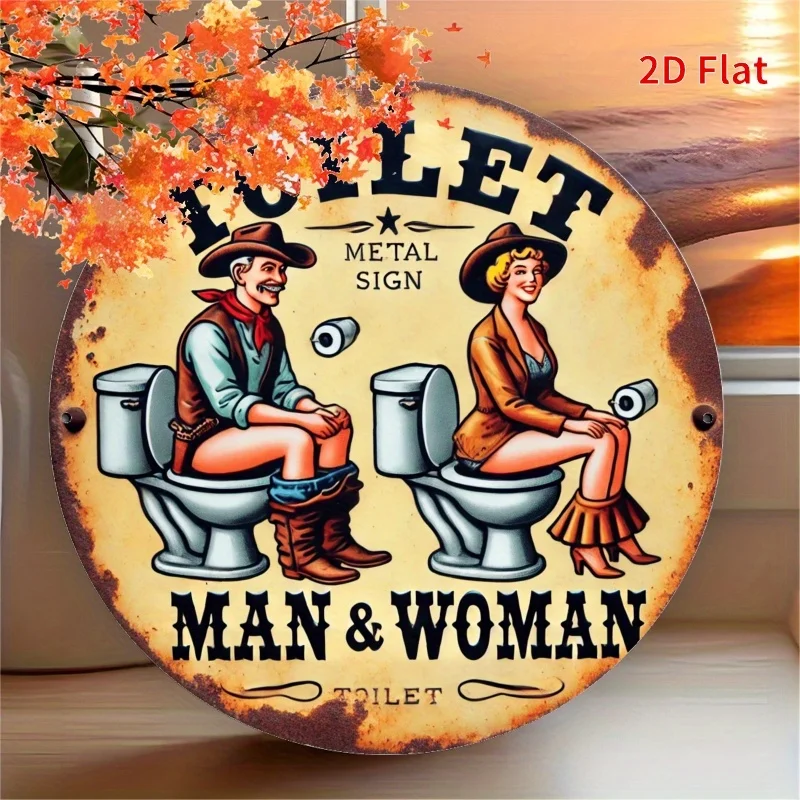 Weathered Rust Funny Toilet Round Tin Sign, 2D Flat Western Cowboy Couple Restroom Marker Wall Hanging