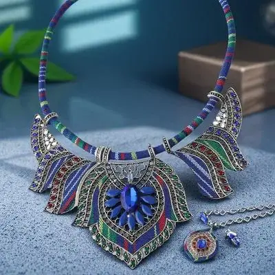 

Bohemian Necklace Earrings Set Ethnic Chunky Alloy Jewelry Women Blue Statement Fashion Accessories Prom Wedding Party