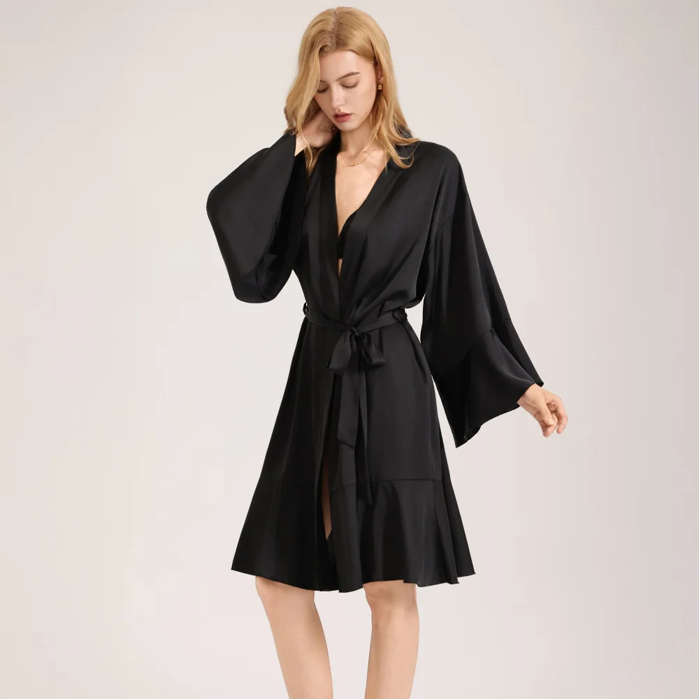 

Summer Black Ruffles Women Robe Sleepwear Sexy Kimono Silky Satin Bathrobe Loose Casual Home Dress Loungewear