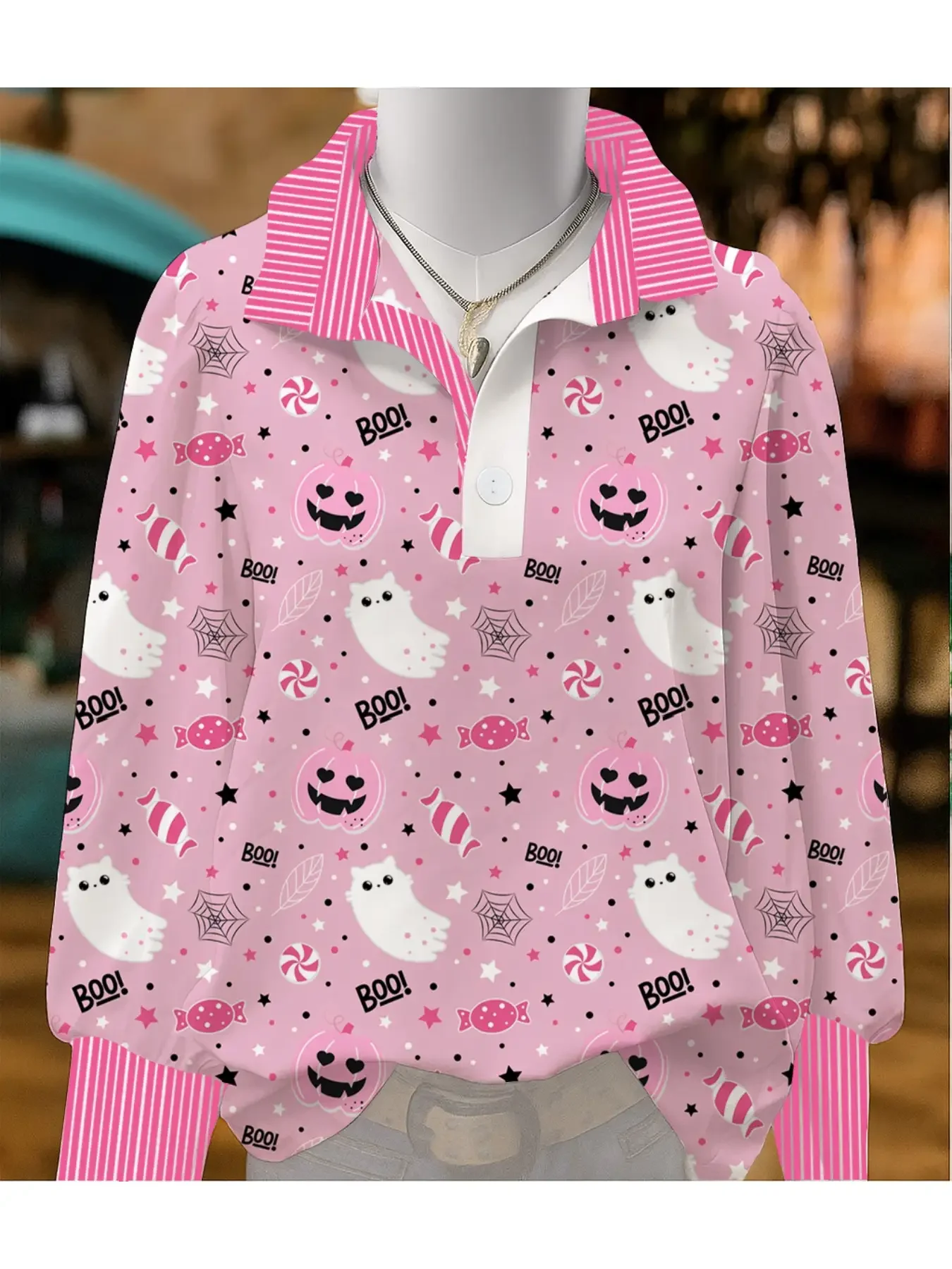 2026Ladies' striped casual fashion shirt with multi-color striped collar and half button shirt pattern,Red large floral print