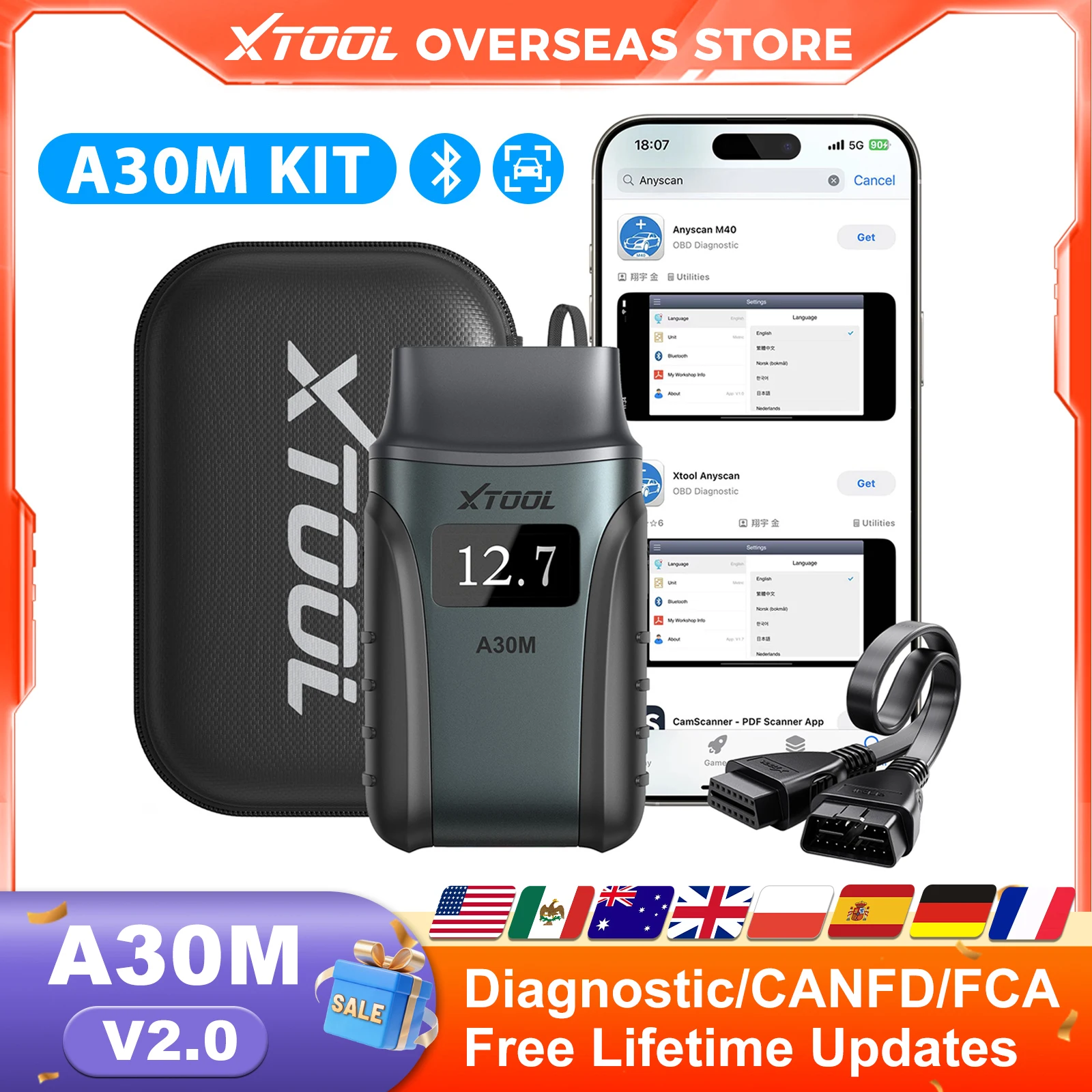 XTOOL A30M V2.0 Kit OBD2 Scanner Full System Diagnostic Tools Bidirectional Auto Scan with 26+Resets FCA CAN Lifetime Free Update