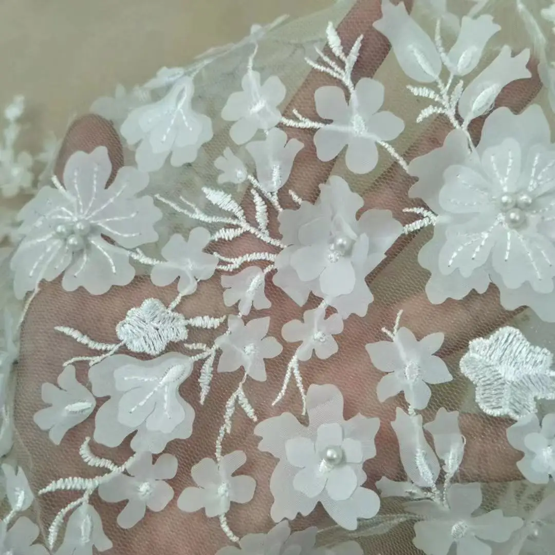 2024 Newest Handmade Flower Lace Fabric ivory color wedding dress lace with pearl sell by yard