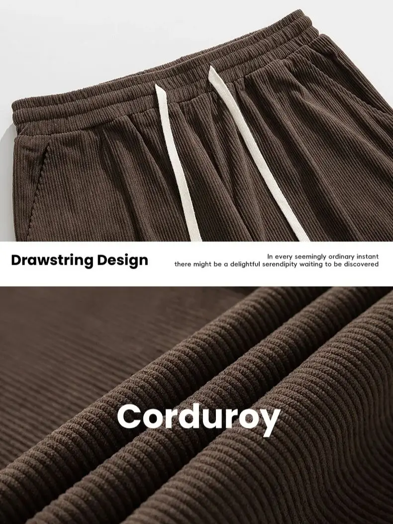 Corduroy Retro Workwear Casual Pants Men\'s Autumn Winter Pleated Pockets Soft Warm Loose Straight Long Pants