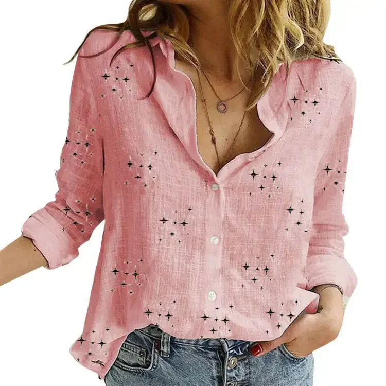 

Women Blouse Spring Summer New Solid Cotton Printing Casual Blouses Loose Long Sleeve Linen Shirt Female Button Shirts
