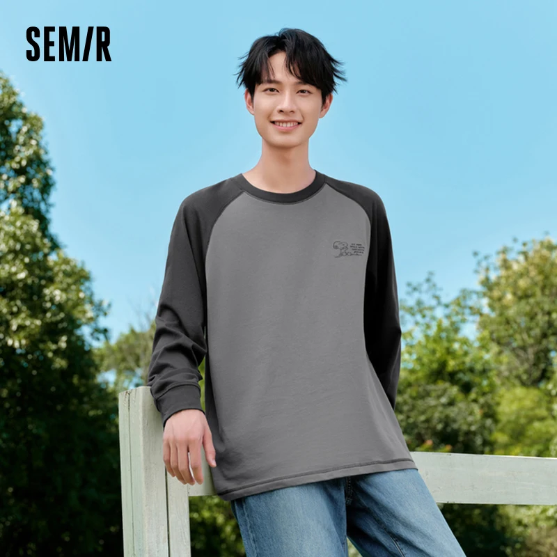 Semir Long Sleeve T-Shirt Men 2024 Autumn New American Retro Couple Outfit Color-blocking Shoulder Sleeve