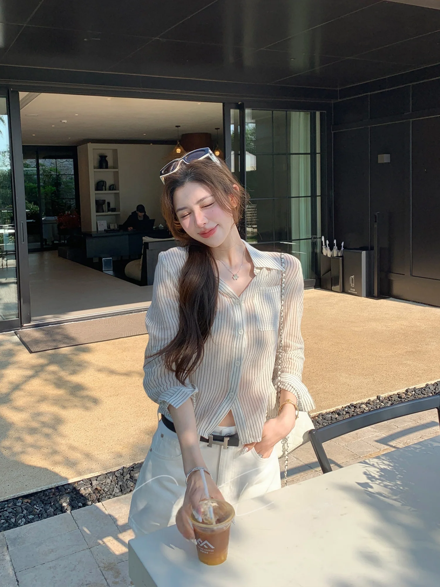 

Slimming Effect Korean Texture Striped Waist Shirt Women's Loose Style Commute Sharp Collar Versatile Top Thin Material