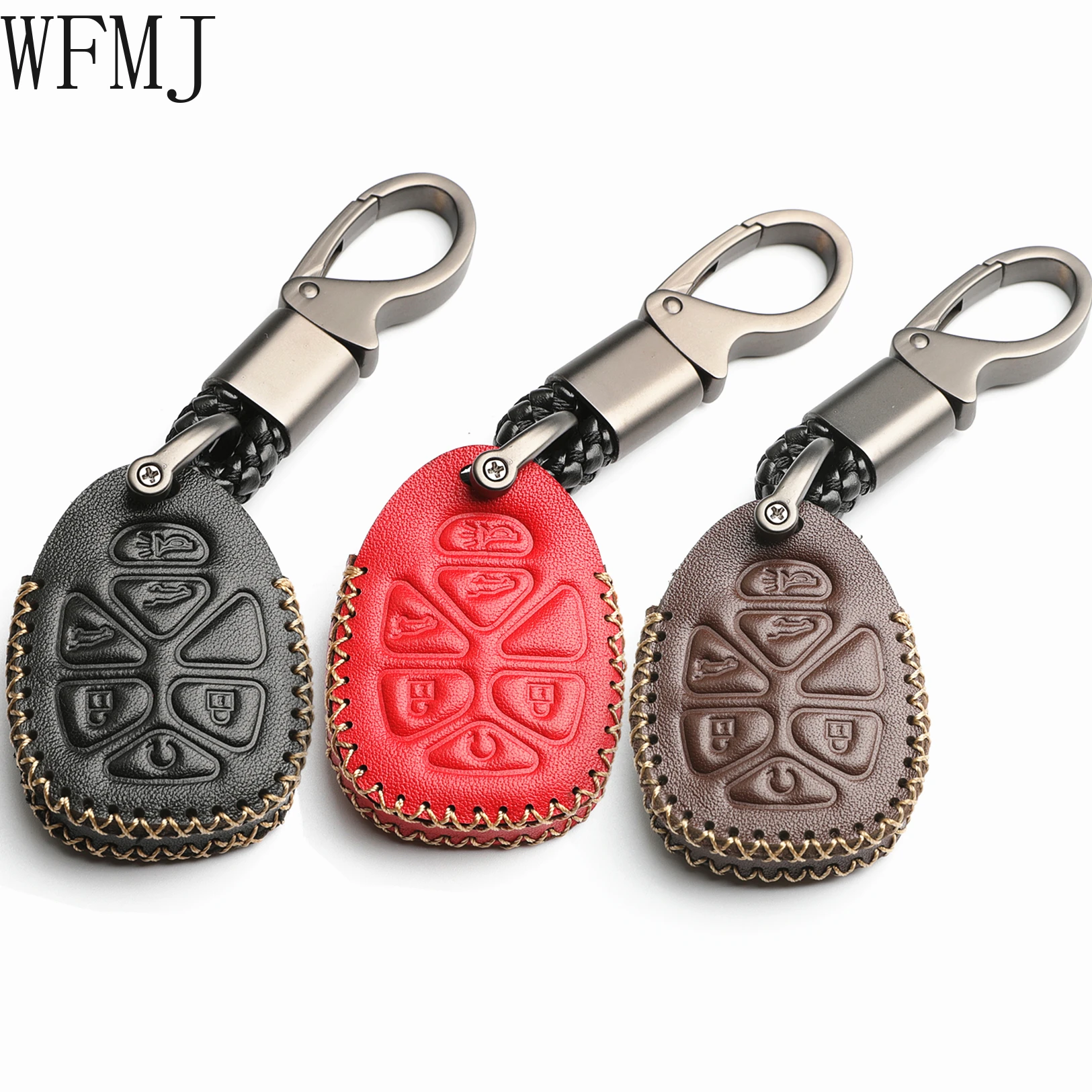 WFMJ Leather for GMC Acadia Yukon XL Cadillac Escalade Chevrolet Suburban Tahoe 6 Buttons Key Case Cover Fob Chain