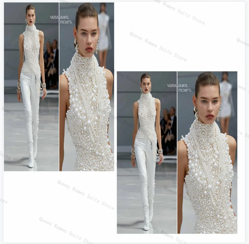 

White Women Suit Set 2 Piece Vest+Pants Trousers Luxury Pearls Formal Office Lady Jacket Wedding Bride Waistcoat Customized