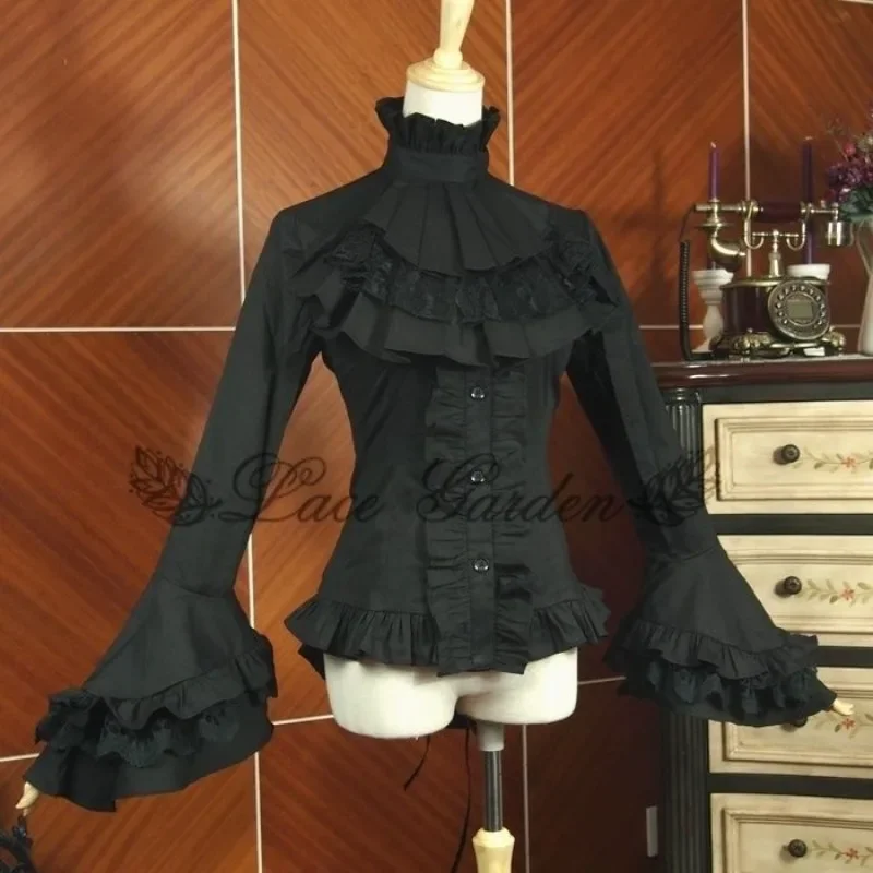 اليابانية القوطية نمط قمصان النساء خمر أنيقة طويلة الأكمام القوس بلوزة الإناث الفيكتوري الدانتيل الكشكشة طوق سليم القمم
