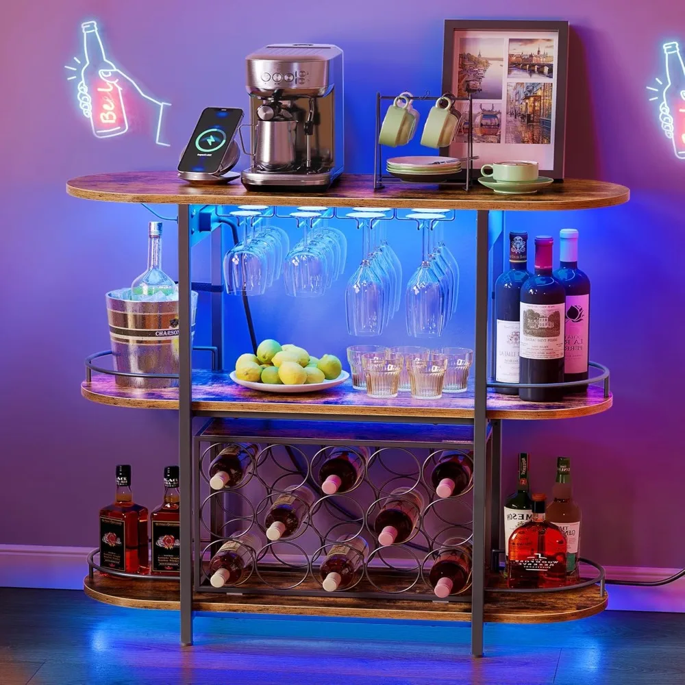 

Bar Cabinets for Home, LED Coffee Bar with Power Outlets, Home Mini Bar for Liquor, Freestanding Wine Rack with Glass Holder