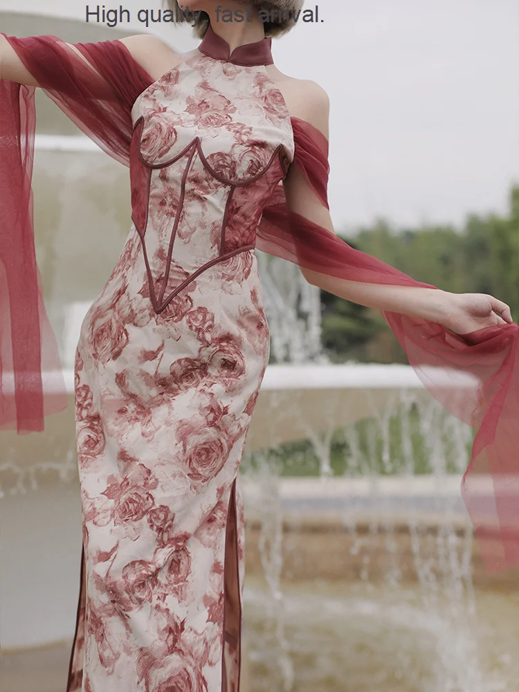 Jin Homemade Four Nylon Garden Niche off-the-Shoulder Improved Long Original Daily Cheongsam Dress