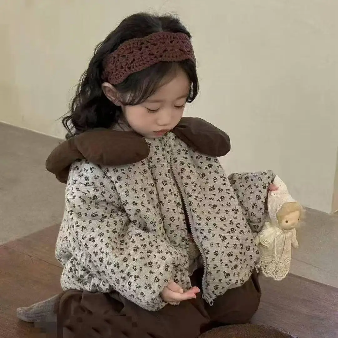 Girls' floral cotton jacket autumn and winter styles, stylish children's petal collar floral cotton clothes