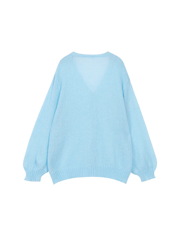 Neue Elegante Blau Große Größe Strickjacke Sexy V-ausschnitt Taste Lange Hülse Frauen Pullover Herbst Winter Koreanische Kleidung Heißer Verkauf