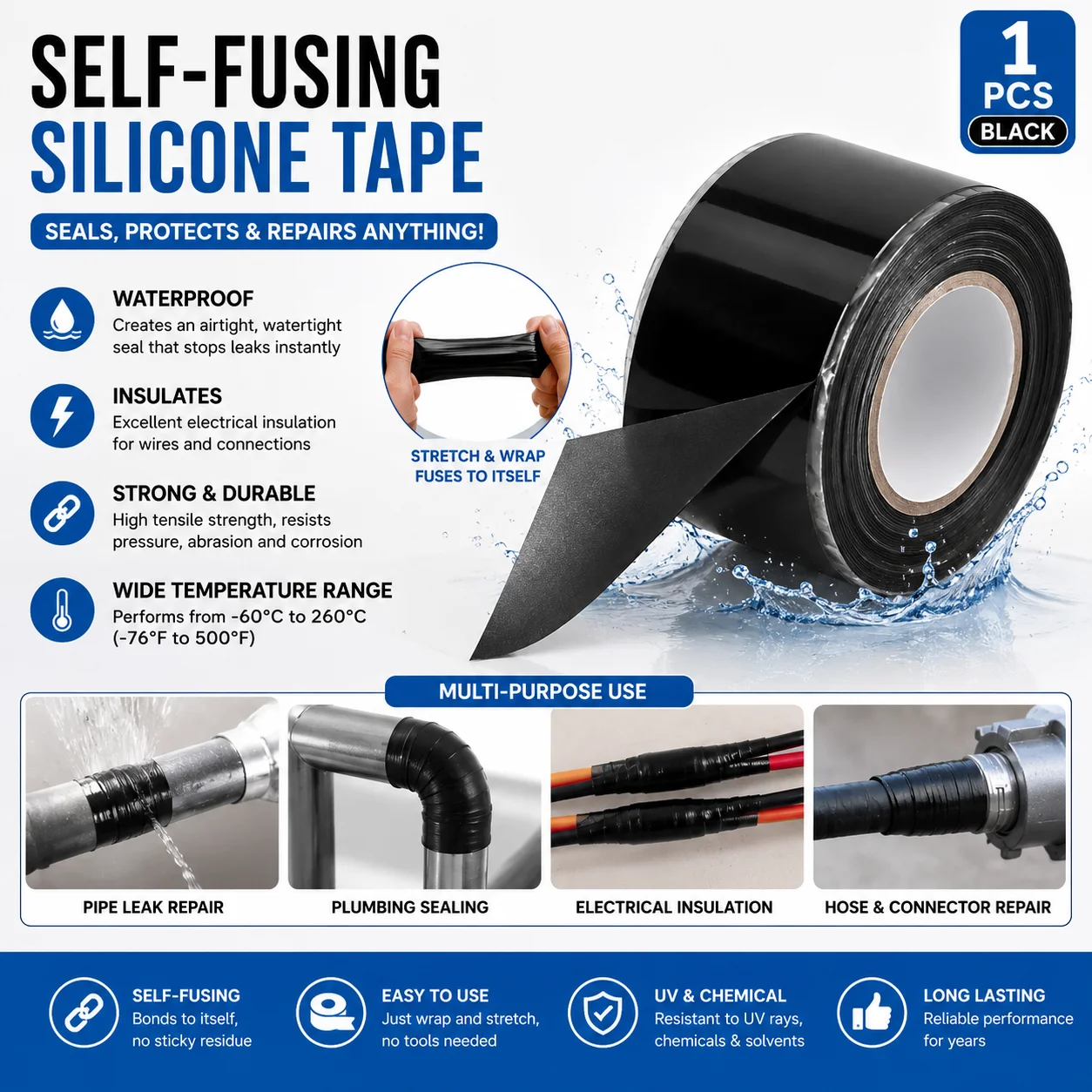 `Super‑Strong Waterproof Silicone Repair Tape, Quick‑Fix Leak‑Seal Insulation Adhesive for Pipe Hose Pool Emergency Plumbing`