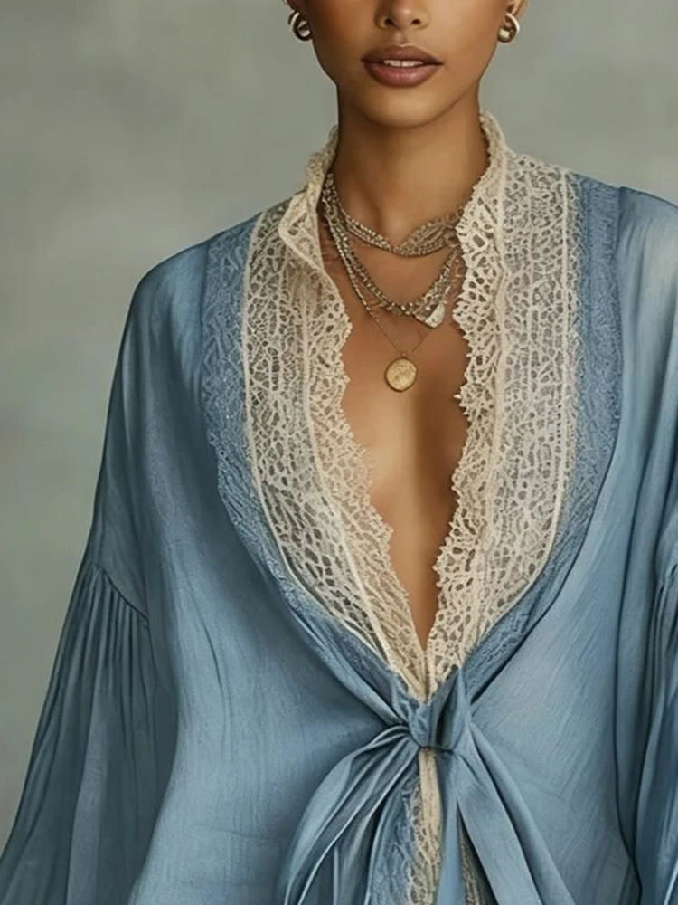 

Blue Lace Trim Women Mini Dress V Neck Tie Waist Puff Sleeve Oversized Boho Elgant Loose Vintage Casual Cover Up Dress