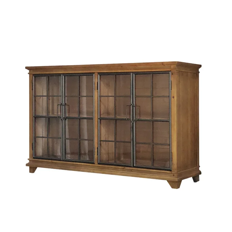 

American retro style solid wood dining side cabinet wrought iron tempered glass door storage locker
