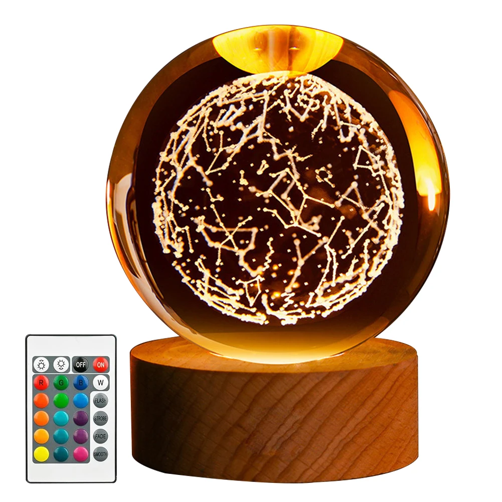 3D Moon Galaxy Globe Night Light Large 3D Galaxy Crystal Ball Night Light Wooden Base LED Crystal Table Lamp Ideal Birthday Gift