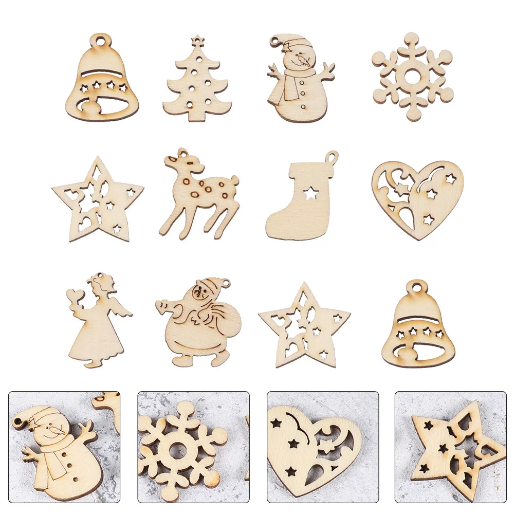 

100pcs Wooden Christmas Slices Unfinished Pre-Drilled Diy Wood Circles Mixed Styles For Xmas Ornament Craft Handicraft Supplies