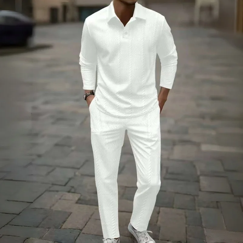 

2026 New Trend Men's Sport Suit Autumn New Mens Suits Solid Color Jacquard Lapel Long Sleeve Polo Pants Set for Men