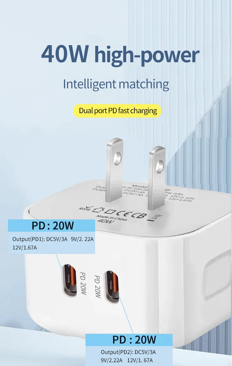40W Type C Charger Fast Charging Dual PD QC 3.0 Mobile Phone Charger Adapter For iPhone Samsung Huawei Xiaomi USB C Wall Charger