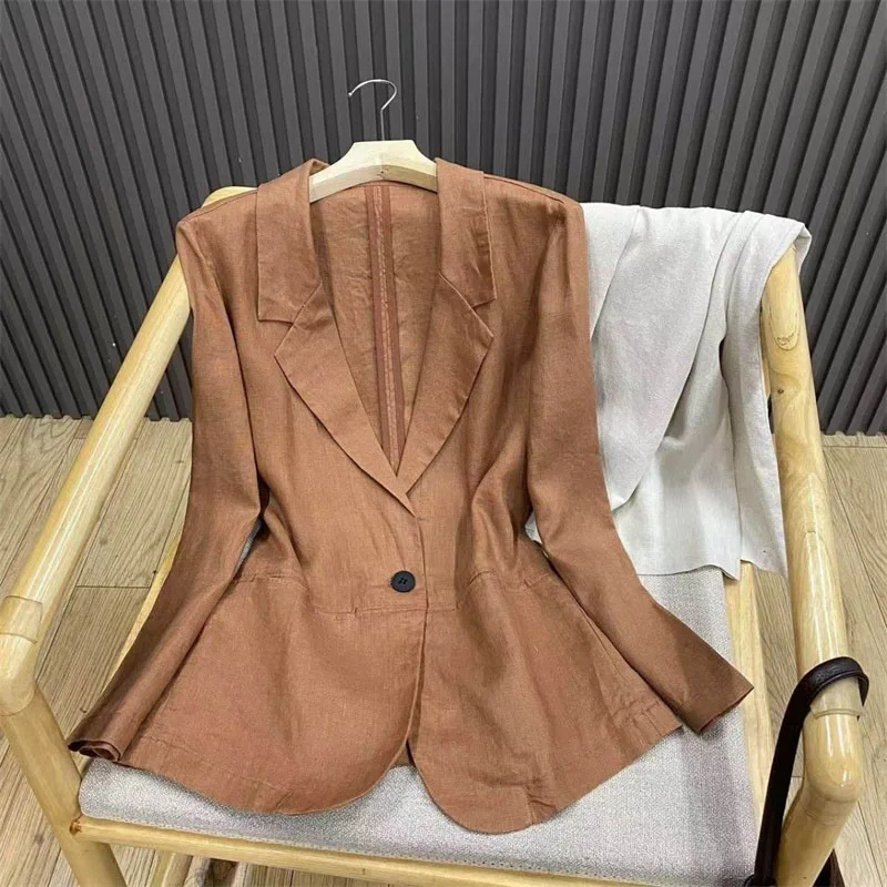 

Весенне-осенняя тонкая хлопково-льняная куртка, женская однотонная дышащая куртка на одной пуговице, свободная верхняя одежда с длинными рукавами и надрезом