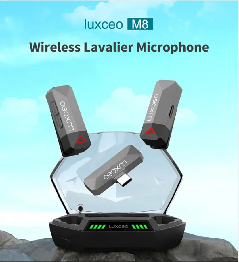 

LUXCEO M8 Wireless Lavalier Mic for iOS Android with Charging Case on Lapel Microphone for Audio Video Recording Interview