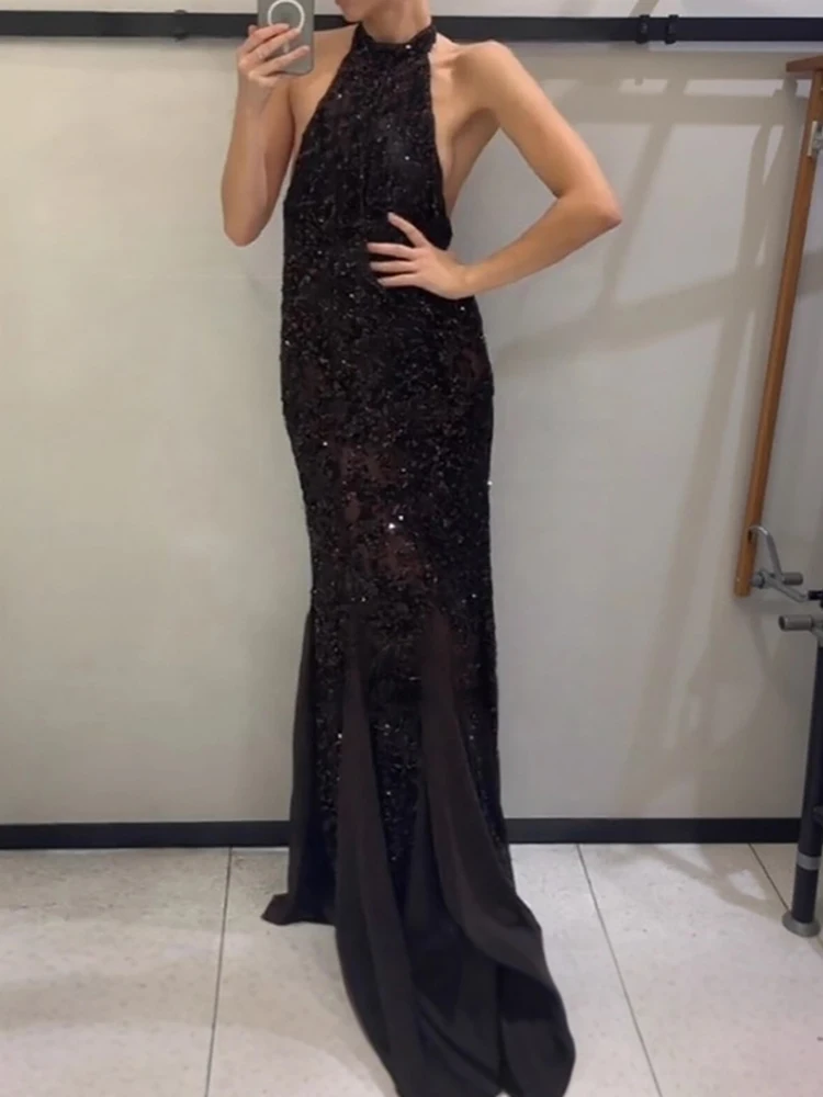 

Shiny Sequins Sleeveless Fashion Party Dress Elegant 2026 Patchwork Evening Dresses Ladies Sexy Neck Hanging Slim Fit Long Dress