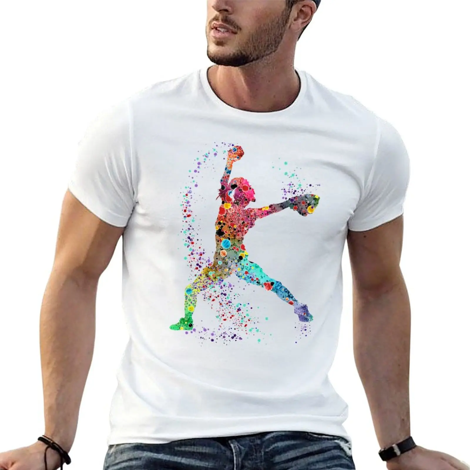 

t man Softball T-Shirt tshirt Watercolor 100% Art Baseball for shirts graphic Print Pitcher Painting Girl vintage cotton