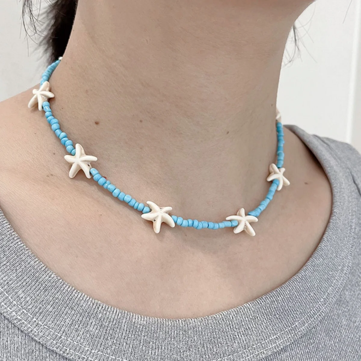 

Starfish Pendant Mixed Color Rice Beaded Necklace for Women Bohemian Beach Style Short Collarbone Choker Chain Jewelry Gift