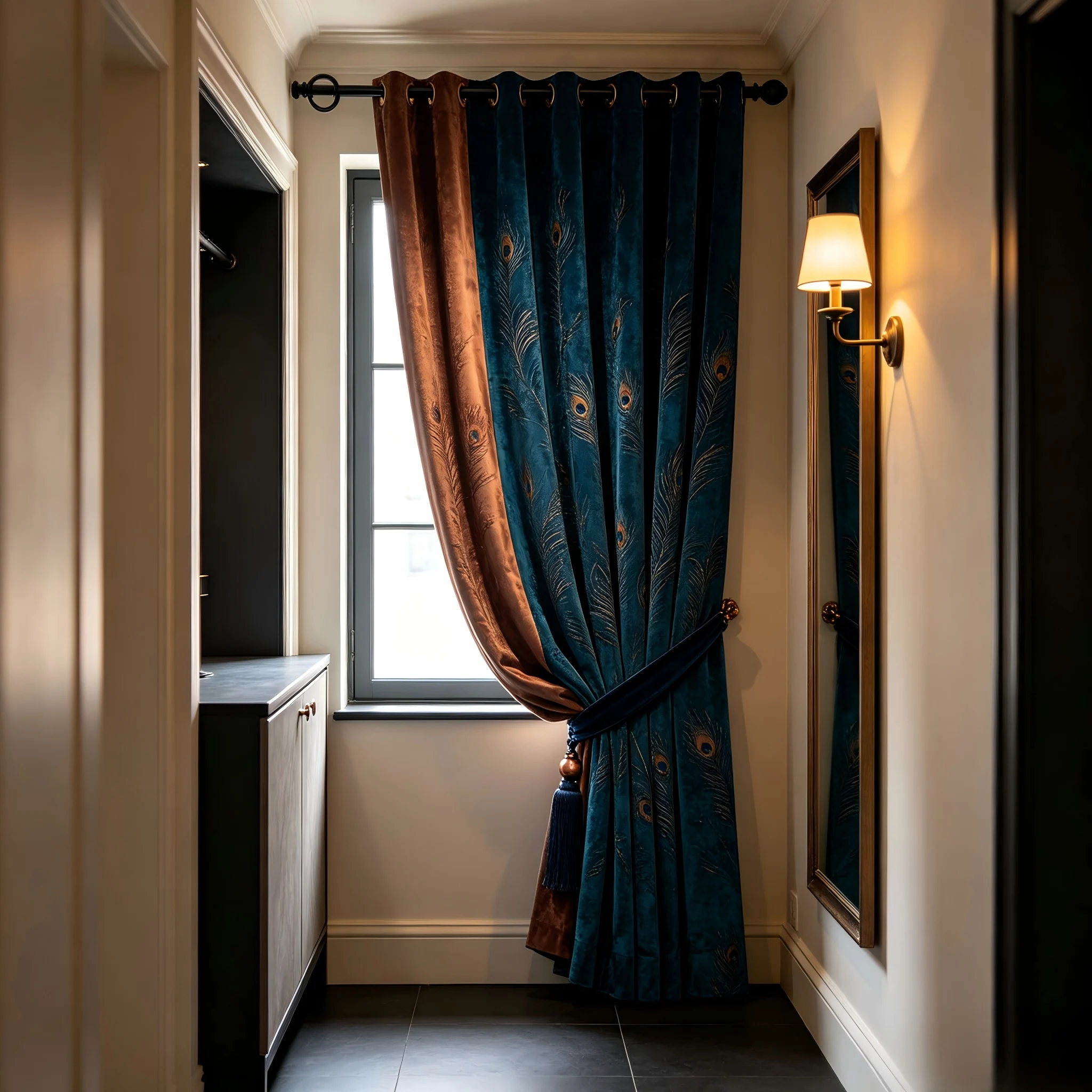 200300  Narrow entrance corridor with peacock blue dark copper velvet and abstract peacock feather patterned curtains
