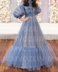 MVOZEINZ Puffy Wedding Party Dress Blue Puffy Sleeves Sister Gown Ruffles Skirt Lace Appliques on Dress Top Layers Party Gown