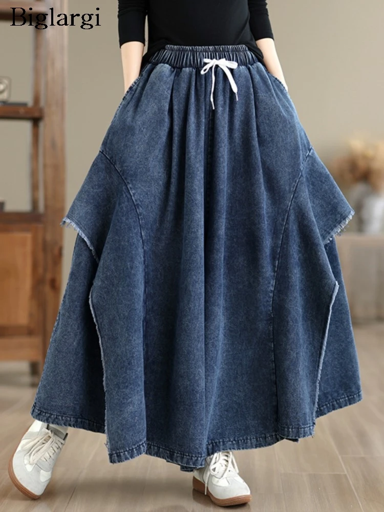 

Женские летние джинсы оверсайз с эластичным поясом, модные повседневные брюки-пэчворк, свободные широкие джинсовые штаны-юбка