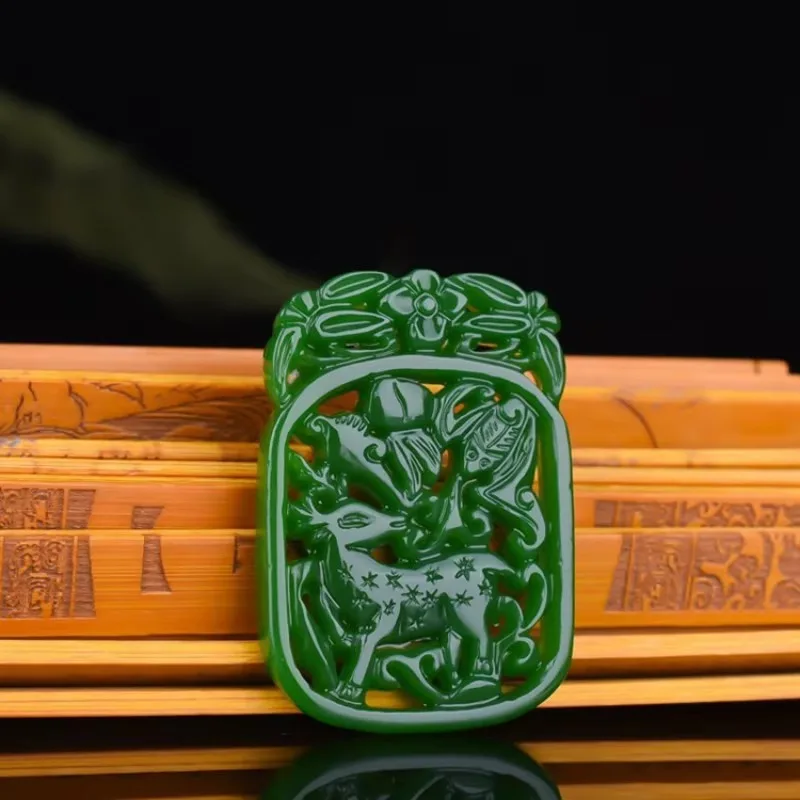 Green Handmade Hollowed Out Carved Sika Deer Jade Pendant, Fashionable Boutique Jewelry, Men's and Women's Deer Necklaces