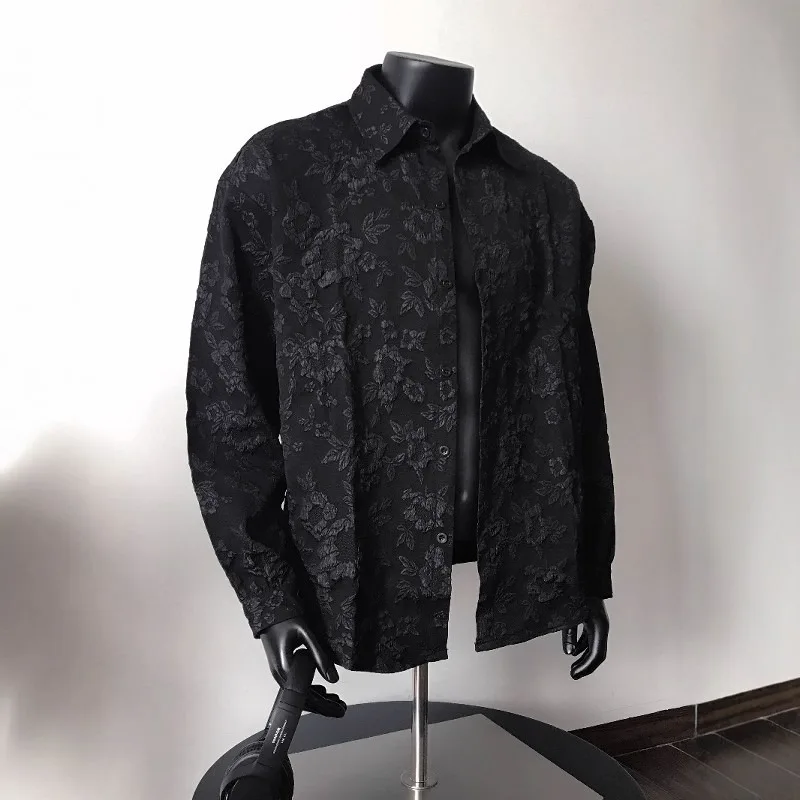 Embossed Floral Long Sleeve Shirt Men Vintage Loose Button Down Blouse