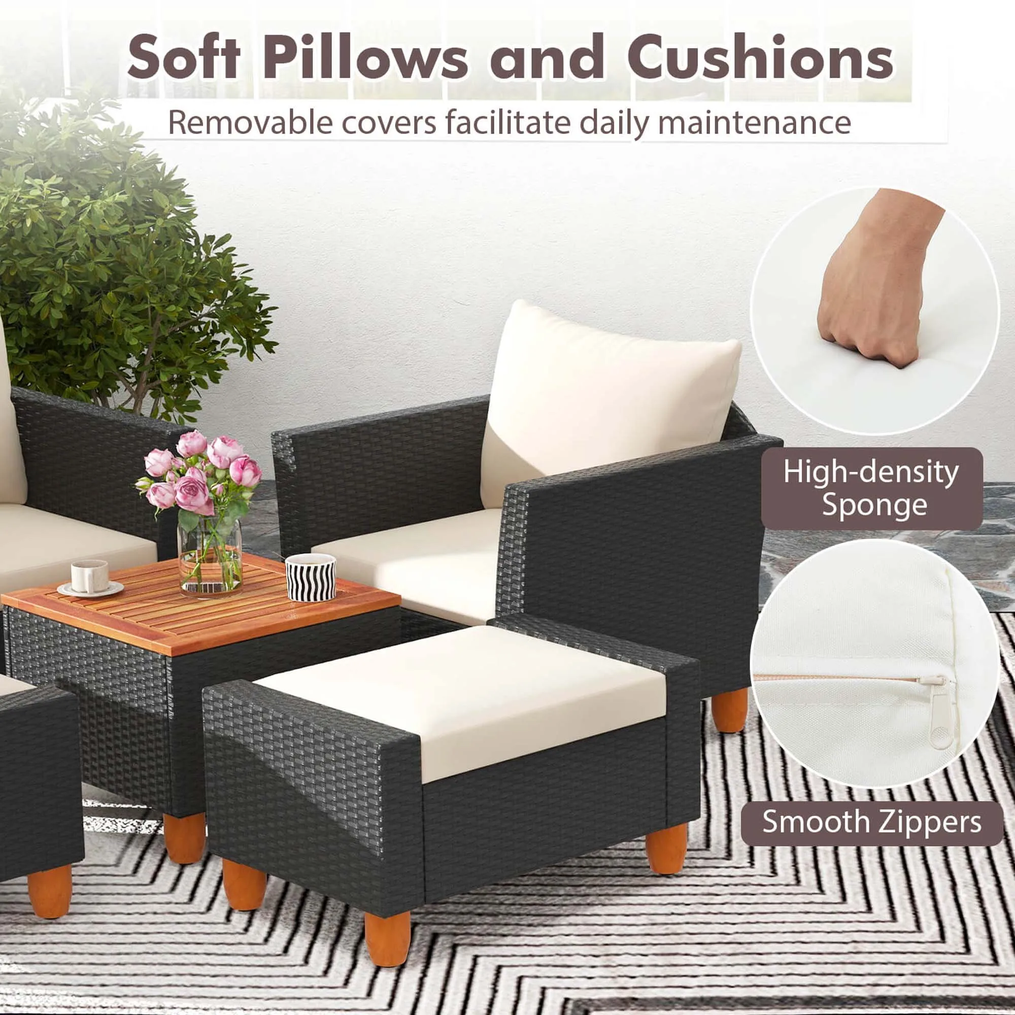 5 PCS Patio Furniture Set with Storage Table Ottomans Soft Pillows & Cushions