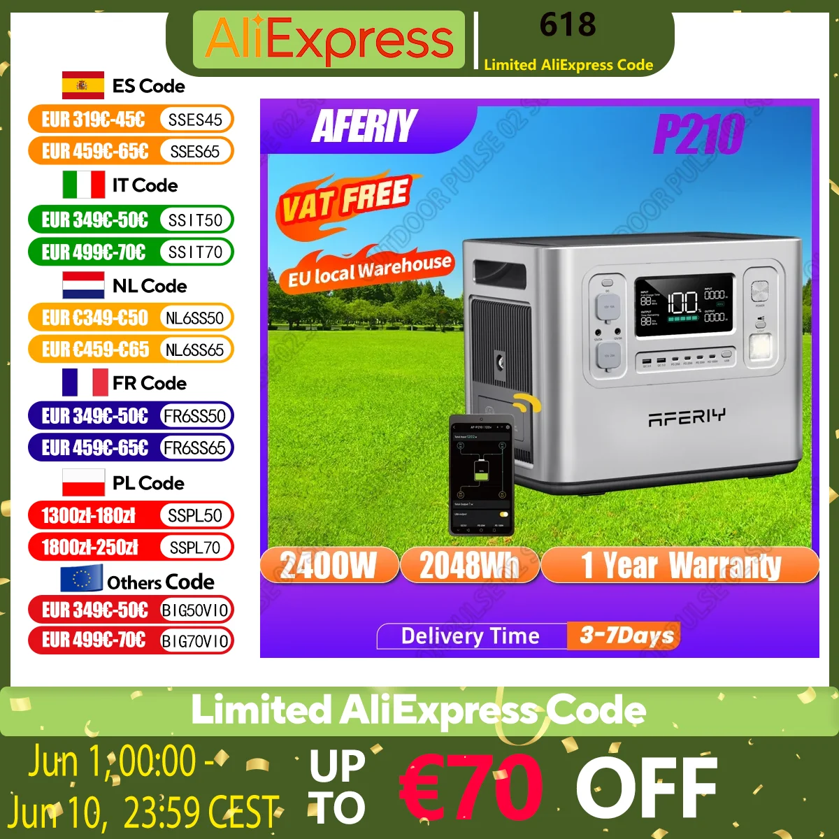 Station d'alimentation portable AFERIY AF-P210, générateur solaire 2400W, batterie LiFePO4 2048Wh, alimentation de secours à domicile, camping en plein air, alimentation mobile