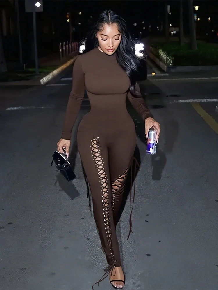 

Leosoxs Sexy Fall Jumpsuits Women Diy Shirring O-Neck Full Sleeve Midnight Party Club Stretch Activity Fitness Slim Overalls