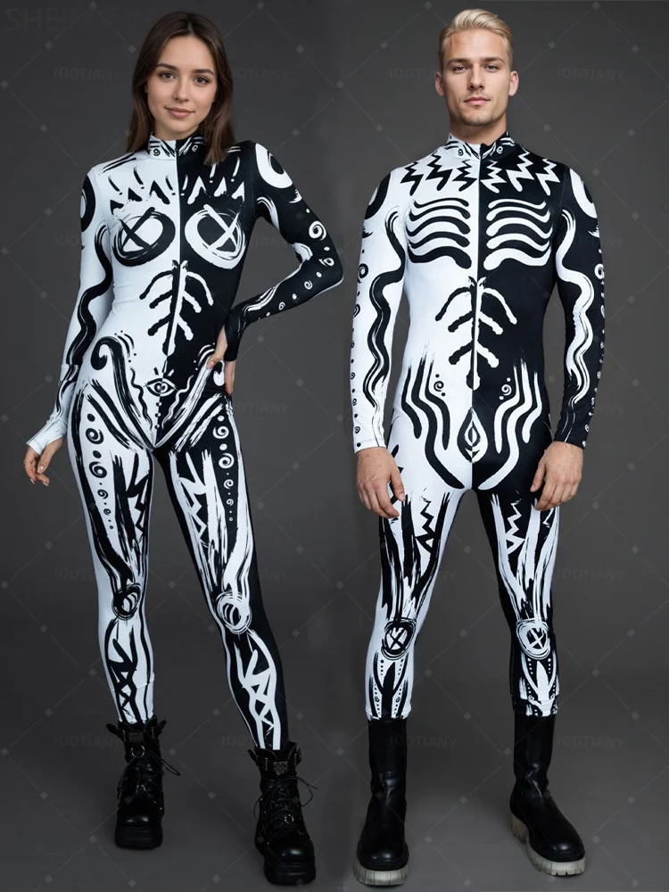 

2025 Halloween Couple Yin Yang Skeleton Zentai Suit Adult Day of the Dead Party Cosplay Jumpsuit Stage Performance Tights